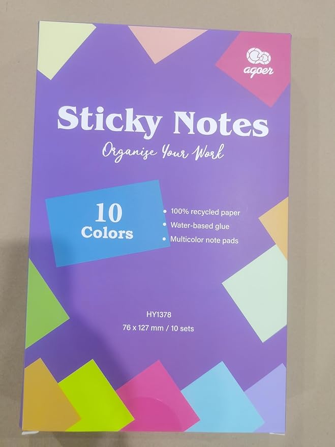 Sticky Notes Large 1000 Sheets,3 x 5'' Self-Stick Note Pads,Bright Colorful Sticky Notes 76x127mm,Super Sticking Memo Pads Clean Removal,Easy to Post Sticky Pads for Office Home School,10 Pack