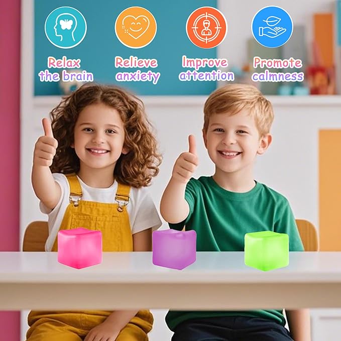 3Pcs Stress Cube Squishy Toys, Slow Rising Ice Cube Stress Balls, Sensory Fidget Toys for Anxiety Relief, Sensory Ice Nee Cube Gel Filled Squishy Ball Toys for ADD/ADHD Kids Adults(Purple,Green,Pink)