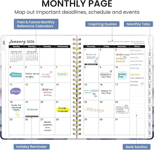 2026 Planner, Monthly and Weekly Calendar Planner for Women, January 2026 - December 2026, Hardcover Pretty 2026 Agenda Planner Book with Tabs, Spiral Bound, Perfect for School Office Home Supplies, 6.3" x 8.5" - Distant Peaks