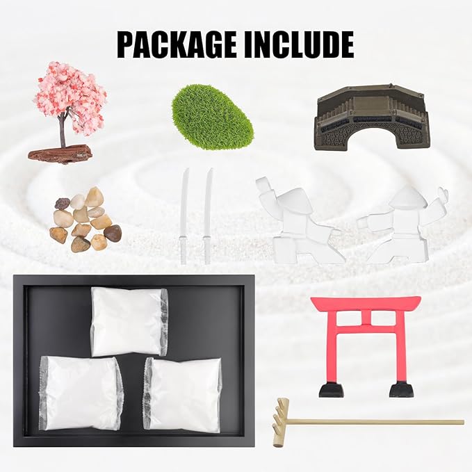 Japanese Zen Garden for Desk - Sakura Tree Samurai 12" x 8" Desktop Mini Zen Garden with White Sand Artificial Bonsai Tree Rocks Rakes & Accessories - Meditation Zen Gifts Office Decor