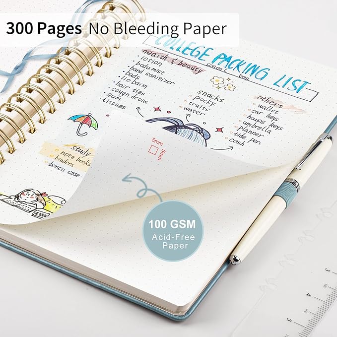 EMSHOI Bullet Dotted Journal Spiral Notebook - 300 Pages, B5 Hardcover Leather, 100 GSM Thick Dot Grid Notebook for Women Men Work Writing, Bullet Journaling, Drawing, 7.48" x 10.15", Gray Blue