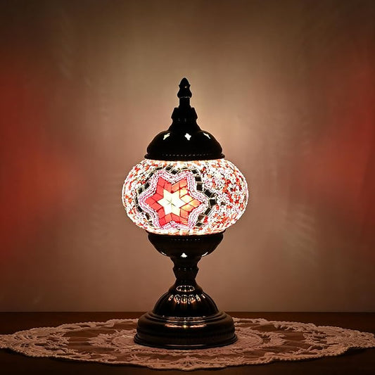 Turkish Moroccan Table Lamp Lantern with Handmade Mosaic Glass Lampshade Tiffany Style Bohemian Stained Glass Decorative Desk Lamps Bedside Night Lights for Bedroom (Pink)