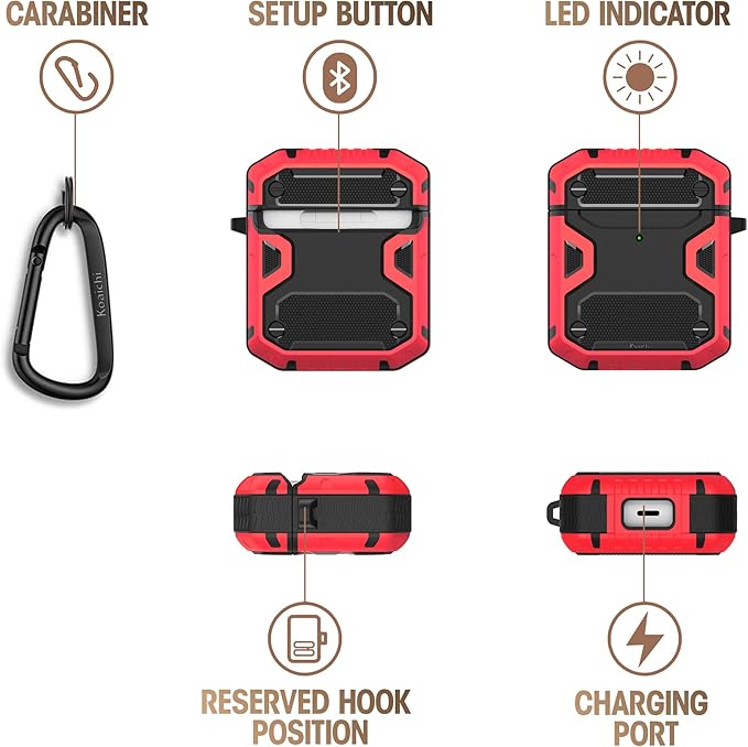 Koaichi Compatible with AirPods Case, Full-Body Rugged Hard Shell Protective Case Cover with Keychain Designed for AirPods 1st & 2nd, Black/Red