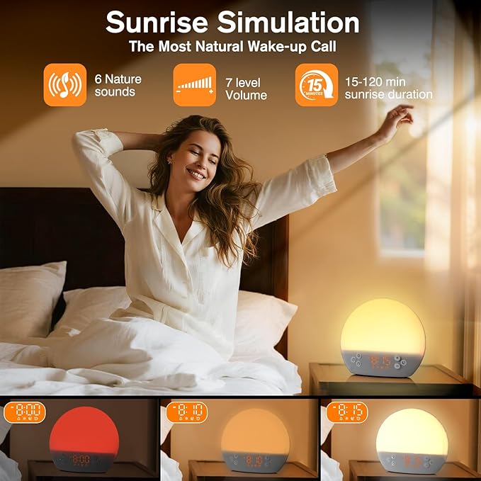 Sunrise Alarm Clock for Heavy Sleepers Adults,Digital Alarm Clocks Bedside Dimmable Night Light,White Noise Sound Machine 30 Soothing Sounds, Wake Up Light Alarm Clocks for Bedrooms,Ideal for Gift