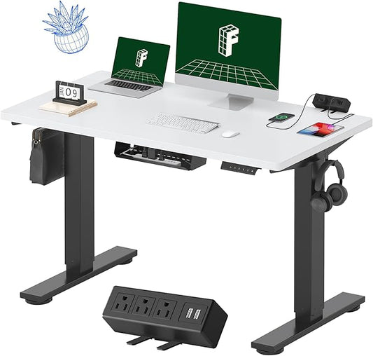 FLEXISPOT EN2 Whole-Piece Standing Desk with Clamp Power Strip, 48 x 24'' Electric Stand Up Height Adjustable Desk with Cable Management (Black Frame + 48" White Top, 2 Packages)
