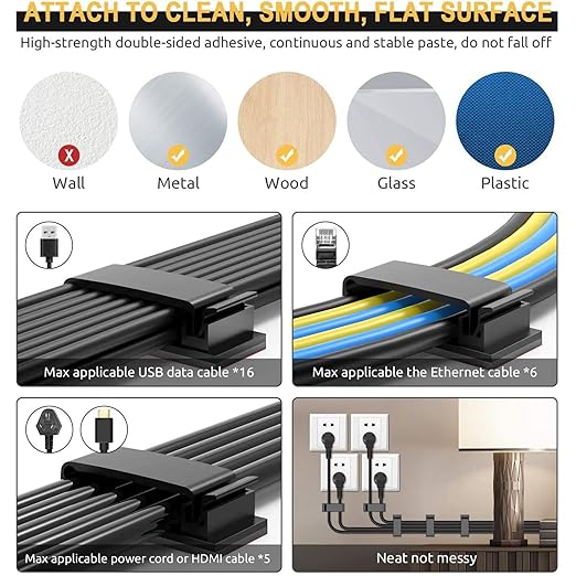 50Pcs Self Adhesive Cable Management Clips,Cable Organizers Wire Clips Cord Holder for PC Laptop Ethernet Cable Desktop Home Office(1.78’’ x 0.75’’ x 0.28’’,Black)