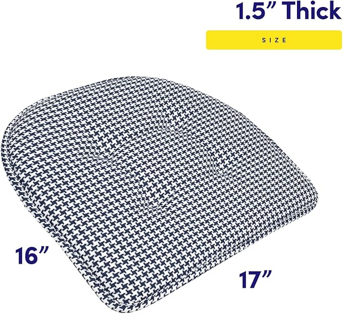 Sweet Home Collection Chair Cushion Memory Foam Pads Tufted Slip Non Skid Rubber Back U-Shaped 17" x 16" Seat Cover, 12 Count (Pack of 1), Houndsooth Navy
