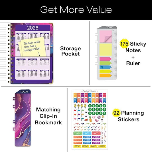 HARDCOVER Academic Year 2025-2026 Planner: (June 2025 Through July 2026) 5.5"x8" Daily Weekly Monthly Planner Yearly Agenda. Bookmark, Pocket Folder and Sticky Note Set (Pink Purple Marble)