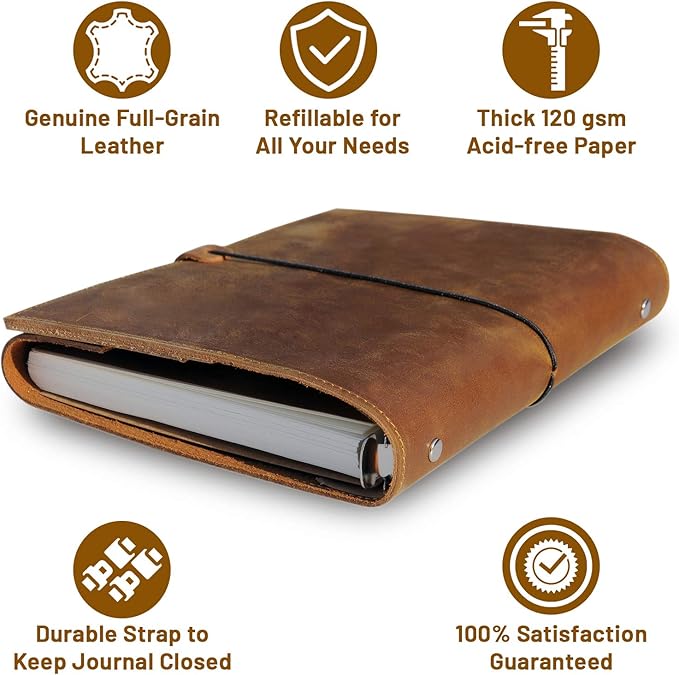 Wanderings A5 Leather Binder Planner - Refillable 6 Ring Journal with Inner Pockets - Hand-Crafted Genuine Leather Organizer- Filofax Compatible. 2026/27 Monthly Weekly Calendar with Notes - 6"x8.5"