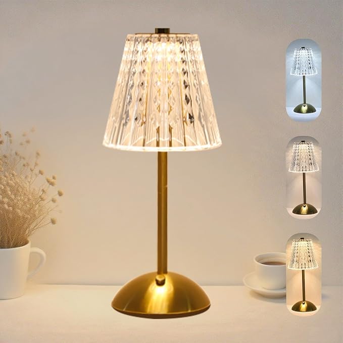 Crystal Table Lamp, 5000mAh Rechargeable Battery Lamp with Touch Control, 3 Color Temperatures, Dimmable Brightness, Matte Aluminum Light for Bedroom/Bar/Kitchen/Outdoor, Gift for Home Décor