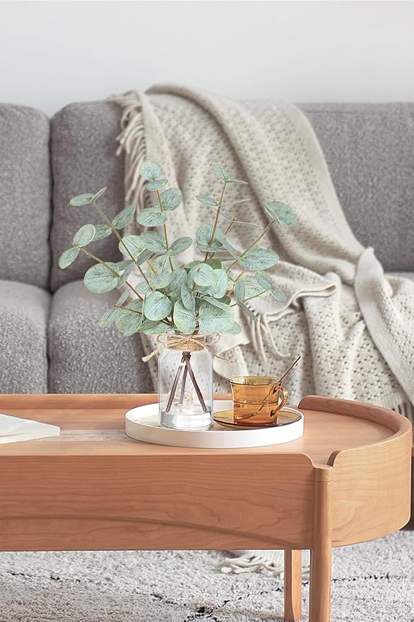 Fake Eucalyptus Stems in Vase with Faux Water,Artificial Plants Eucalyptus Leaves for Shelf Desk Bathroom Farmhouse Room Coffee Table Faux Greenery Plants Decorations (Green)