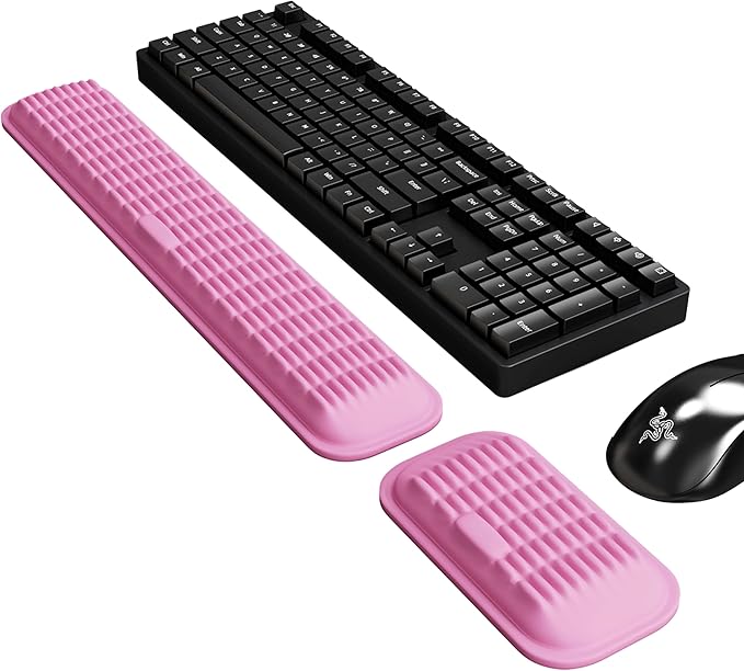 MEKASS Ergonomic Wrist Rest for Keyboard and Mouse, Soft Memory Foam Keyboard Wrist Rest Set with Non-Slip Silicone Base, Easy Typing, Pain Relief, Comfort for Office, Work, Gaming (Pink)