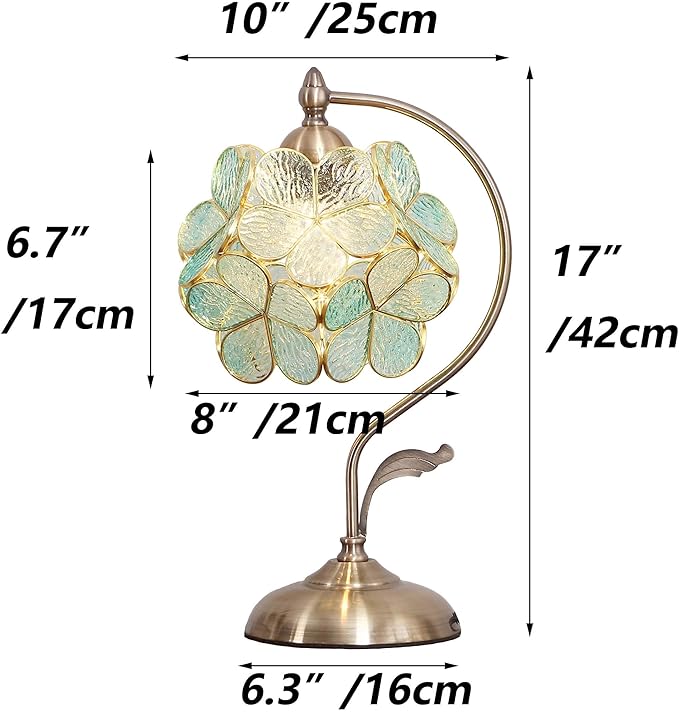 Bieye L10733 Tiffany Style Stained Glass Flower Petal Table Lamp with Brass Base for Home Décor (Light Blue, 8" Cherry Blossom)