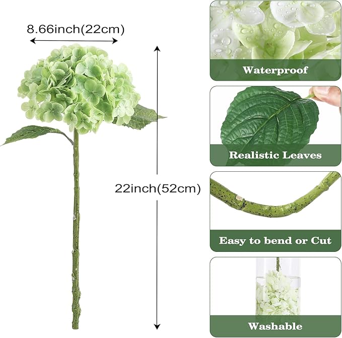 Light Green Hydrangea Artificial Flowers 3pcs Lifelike Faux Hydrangea Real Touch Fake Flowers for Home Wedding Office Party Living Room Decoration,22inch