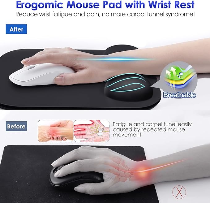 Gimars Mouse Pad with Wrist Rest, Large Smooth Superfine Fibre Memory Foam Ergonomic Mouse Pad, Comfortable Mousepad with Nonslip Base for Pain Relief, Laptop, Computer, Gaming, Office, 11 x 8.26''