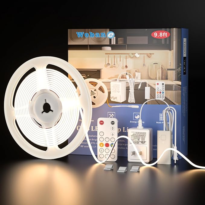 WOBANE Under Cabinet Lighting Kit, 9.8ft COB Light Strip with 24W Adapter,RF Remote,Super Bright Daylight for Kitchen Cabinet,Under Desk,Counter Lighting,4000K Natural White,1500 Lumen,Dimmable