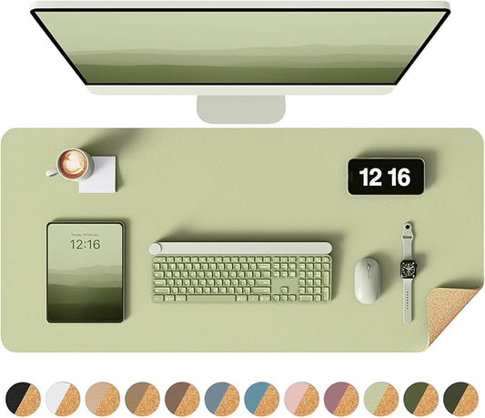 YSAGi Double-Sided Desk Pad, 31.5"x15.7" Leather Desk Mat, Eco Cork Desk Pad Protector,Large Mouse Pad,Waterproof Desk Blotter for Office/Home (Matcha Green/Cork)