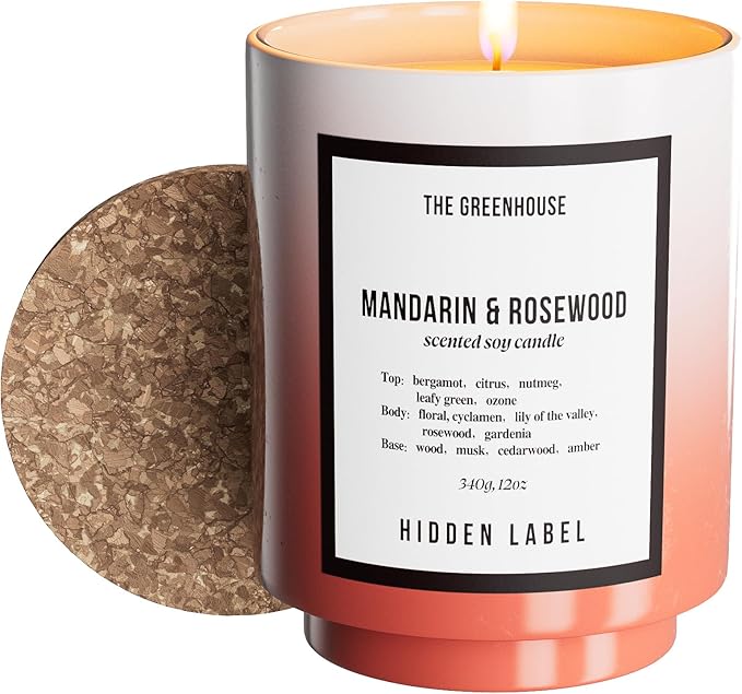 Hidden Label Mandarin & Rosewood Fall Candles, 12oz/75-Hour Burn Time, 100% Natural Soy Wax, Aromatherapy Candle for Stress Relief, Meditation, Yoga & Relaxation