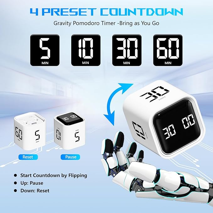 Cube Pomodoro Timer, Smart Productivity Timer 5/10/30/60 Minutes & Custom Countdown, Pause & Resume, Adjustable & Silent Visual Timer, Portable Rotation Multi Desk Timer for Study Task Work Kitchen