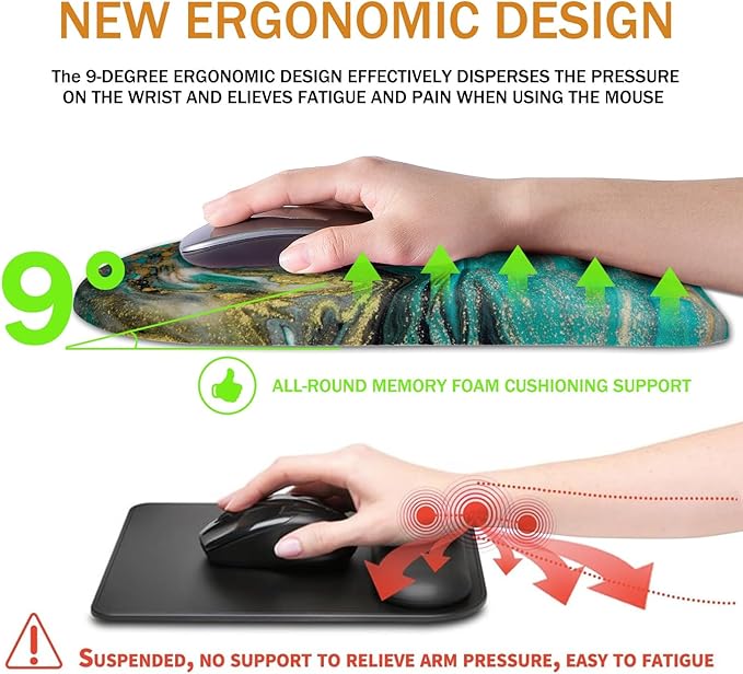 Ergonomic Mouse Pad Wrist Support,Upgrade Mousepad with Massage Design,Non-Slip PU Base Desktop Mouse Pads for Pain Relief, Computer, Office & Home,12 x 8 in（F-Golden Green Marble）