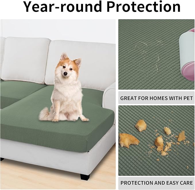 Easy-Going Stretch 3 Pieces Couch Cushion Covers for Sectional Sofa Left/Right L Shape Chaise Lounge Sofa Seat slipcover Anti-Slip Sofa Cover Soft (2 Seater + 1 Chaise, Greyish Green)