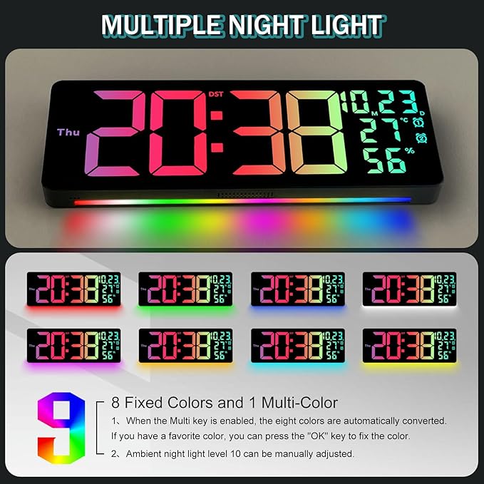 JoFomp 17.3" Large Digital Wall Clock, LED Digital Clock Large Display with Remote Control, Alarm Clock with Temp/DST/Dimmer/Humidity/Timer/Ambient Light - 12/24H, Alarm Wall Clock for Bedroom
