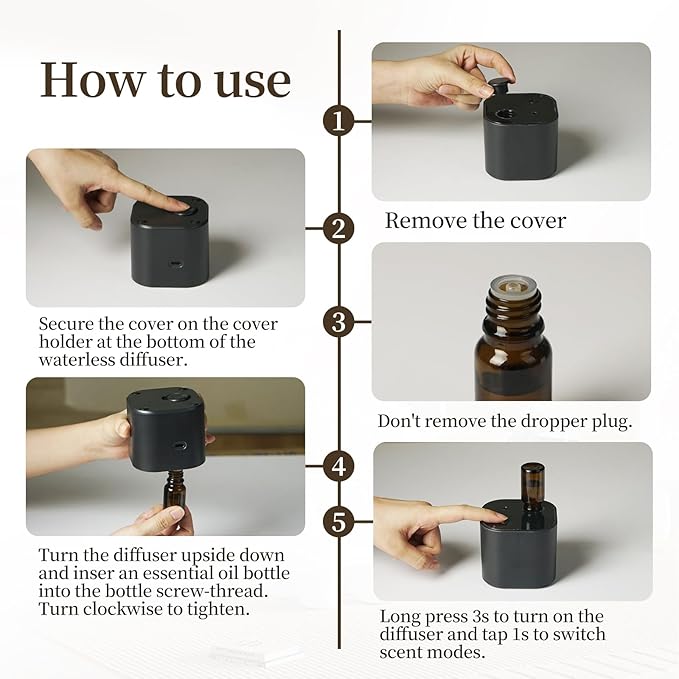 Scent Diffuser,Waterless Essential Oil Diffuser,Mini Portable Aroma Diffuser with Battery Operated,3 Mist Modes,Cycle Start,for 400 sq.ft Room,Home,Bedroom,Includes 3x10ml Essential Oils，Black