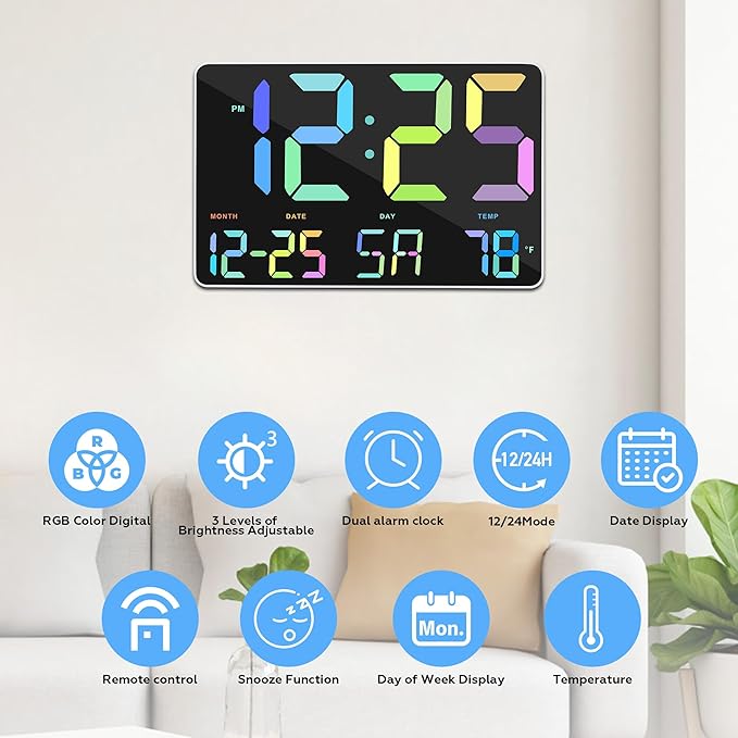 Amgico RGB Digital Alarm Clock with Snooze,Temperature,Auto Dimming,11.5" Large Display Calendar,Desk/Wall Clock for Bedroom,Living Room,Office,Home,Classroom,Kids,Elderly