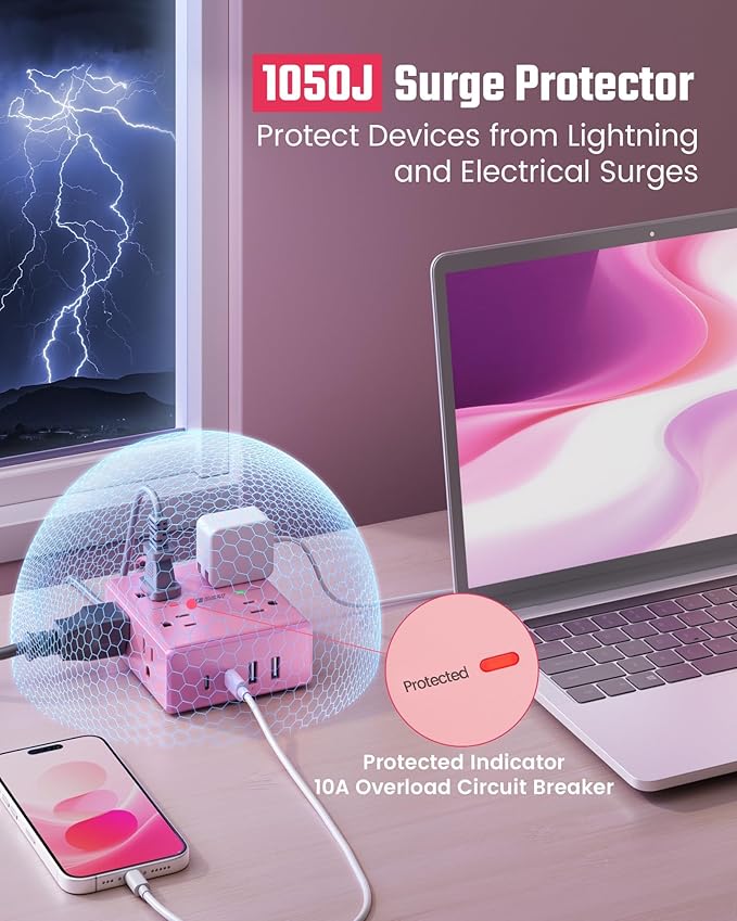 Pink Extension Cord 10Ft, Flat Plug Surge Protector Power Strip, 8 Outlets & 4 USB Ports (2 USB C), Cute Stuff Pink Room Decor, Home Office Kawaii Desk Accessories for Girls