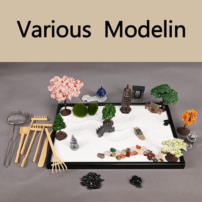 14" x 10" Large Japanese Zen Garden Kit for Desk - Sand Garden Decoration Included, Sand Tray, Rake, Trees, Incense Burner, Door, Well, Bridge - Zen Gifts for Women