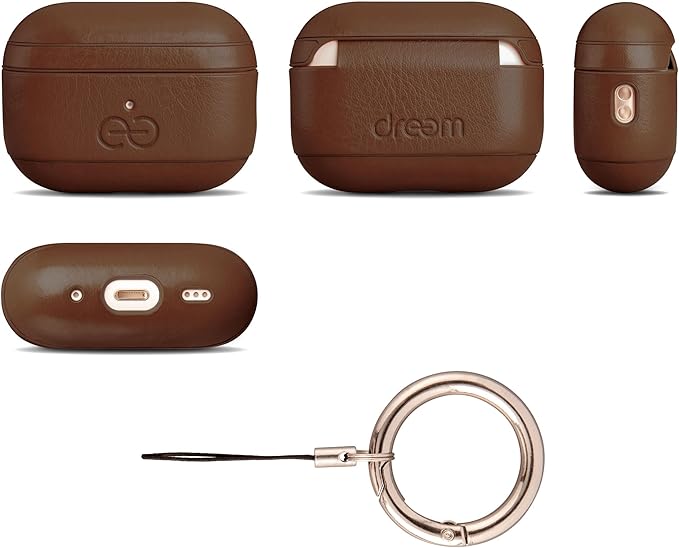 Dreem Om Case Cover with Keychain Clip Compatible with AirPods Pro 2/Pro, Protective One-Piece Hard Shell, Luxury Vegan Leather AirPod Pro Case 2nd/1st Generation with Separate Clip [Chocolate]