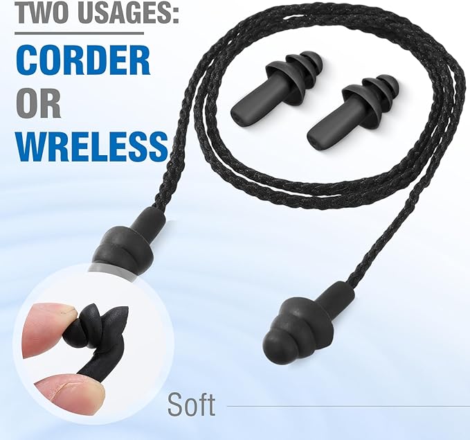 Tondiamo 200 Pairs Ear Plugs Reusable Silicone Earplugs with Cord Sleeping Individually Wrapped Hearing Protection Noise Cancelling Earplugs for Work Construction Shooting Sports (Black)