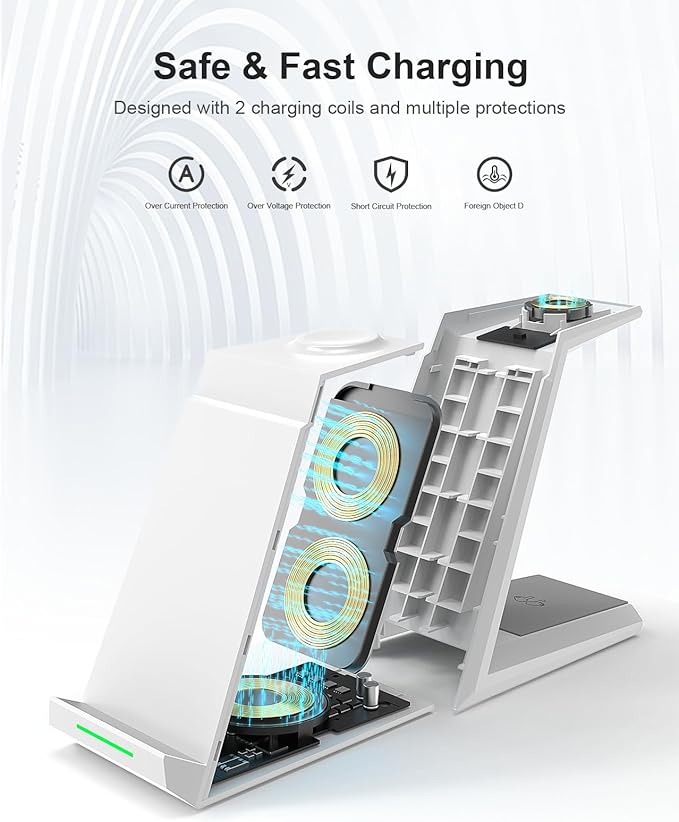 Wireless Charging Station for iPhone - 3 in 1 Charger Stand for iPhone 17 16 15 14 13 12 11 Pro Max Plus,Charging Dock for Apple Watch 8/7/SE/6/5/4/3/2, AirPods Pro(5 ft Cable&Adapter Included)