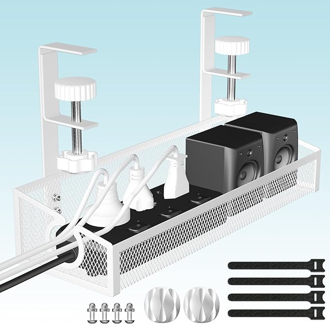 Under Desk Cable Tray White, No Drill Cable Organizer with Clamp for Wire Management, PC Cord Organizer & Workspace Accessories for Office, Home