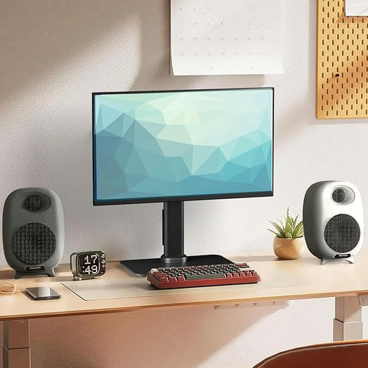 Single Monitor Mount with Power Outlet, Freestanding Monitor Stand for 13 inch to 32 inch Flat Curved Screen with Metal Base, 6 Heights Adjustable,Swivel, Tilt, Rotation, Max VESA 100x100mm