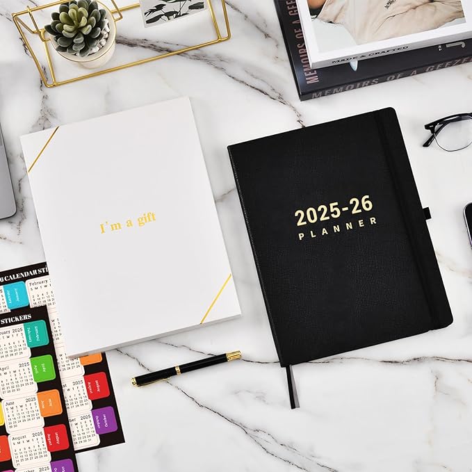 2025-2026 Planner - Academic Planner 2025-2026, July 2025 - June 2025, Weekly and Monthly Planners, 8.5" x 11", Pen Holder, Calendar Stickers, Pocket, Faux Leather Cover -Black