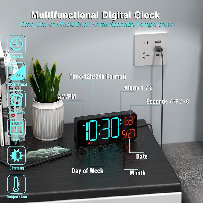 KOSUMOSU Digital Clock for Bedroom 6.7in Alarm Clocks for Living Room, Auto Dimming,Date,Week,Seconds,Indoor Temperature, Small Digital Alarm Clock for Classroom,LED Alarm Clocks for Bedrooms