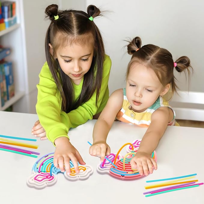 2pcs Fidget Toys Sensory Activity Board, Silicone Sensory Toys for Anxiety Autistic ADHD Calming, Kids 3+ & Adults, Travel Bag & 24 Strings, Rainbow (Pink & Blue)