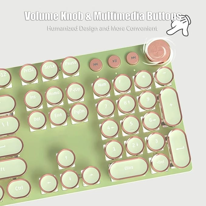 Typewriter Style Mechanical Gaming Keyboard White LED Backlit 104-Key NKRO Pink Switches Retro Round Keycaps Golden Ring Volume Knob Metal Panel Wired USB-C Detachable Cable, Matcha Green