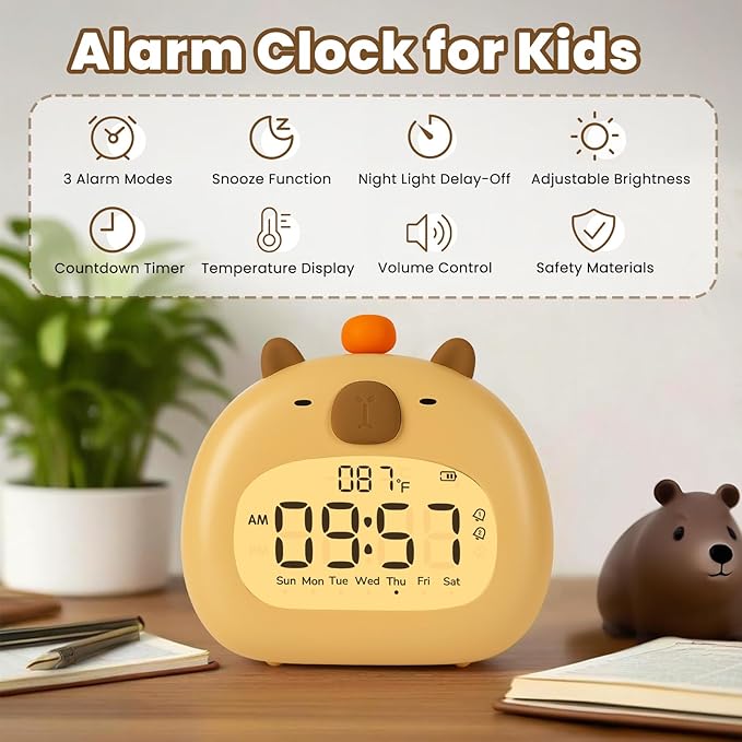 Capybara Alarm Clock with Night Light for Kids – Cute Digital Sleep Trainer with LED Display, 3 Alarms, Countdown Timer, Adjustable Brightness – Rechargeable Bedside Clock for Boys and Girls