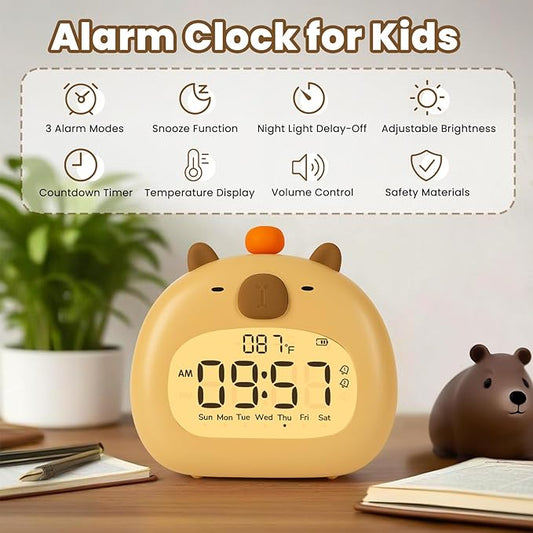 Capybara Alarm Clock with Night Light for Kids – Cute Digital Sleep Trainer with LED Display, 3 Alarms, Countdown Timer, Adjustable Brightness – Rechargeable Bedside Clock for Boys and Girls