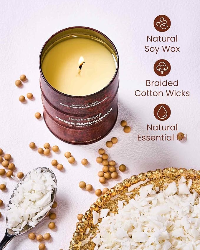 M&SENSE Amber Sandalwood Scented Candles Natural Non Toxic, Aromatherapy Candle for Stress Relief Meditation Relaxing, Housewarming Gifts for Women Men, 11.3oz 70 Hour Long Burning