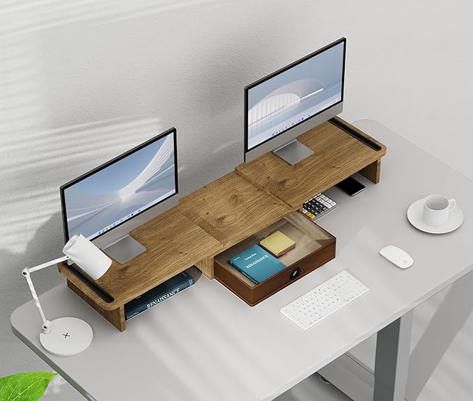 Dual Monitor Stand Riser with Drawer-Adjustable Length and Angle, Monitor Stand Riser for 2 Monitors, Desktop Organizer Stand for Computer/Laptop/PC/Printer (Oak)