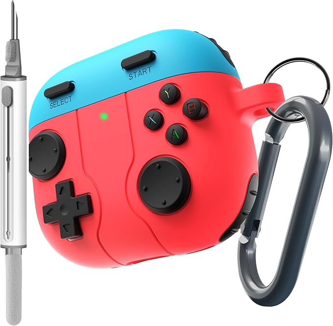 DamonLight Game Case for AirPods 4 Cover Shock-Proof Protective Silicone Case with Cleaning Pen and Keychain Accessories for Apple Airpods 4th Generation (Blue & Red)