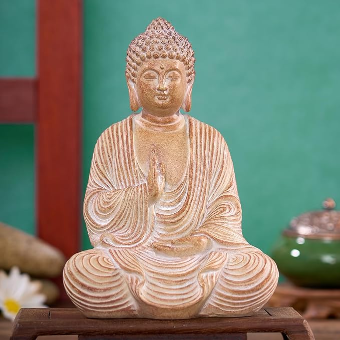 Zen Buddha Statue - Hand Carved Wood Grain Resin Meditation Decor, Feng Shui Ornament for Living Room Desk, Spiritual Space Zen Garden Decoration (Housewarming Gift/Mindfulness Aid, 7.87inch)