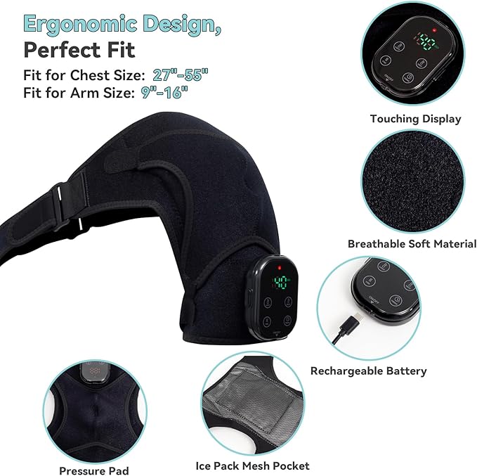 Cordless Shoulder Heating Pad with Massage, Red Light Shoulder Massager for Pain Relief, Electric Rotator Cuff Heated Shoulder Brace for Men & Women. (Black)