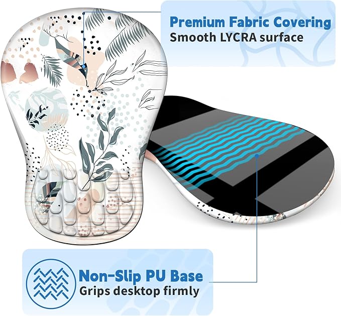 Ergonomic Mouse Pad with Wrist Rest Support, Mousepad with Comfortable Memory Foam Wrist Rest and Non-Slip PU Base for Pain Relief, Computer, Laptop, Office, Home (Boho Leaves)