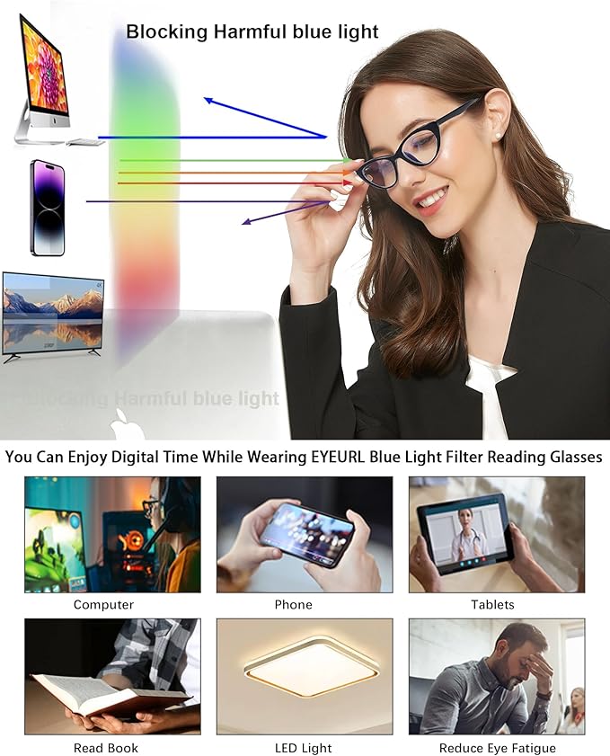 EYEURL Cat Eye Reading Glasses for Women - 2 Pack Blue Light Blocking Computer Readers 1.00 Spring Hinge Anti Glare/UV Ray Eyeglasses