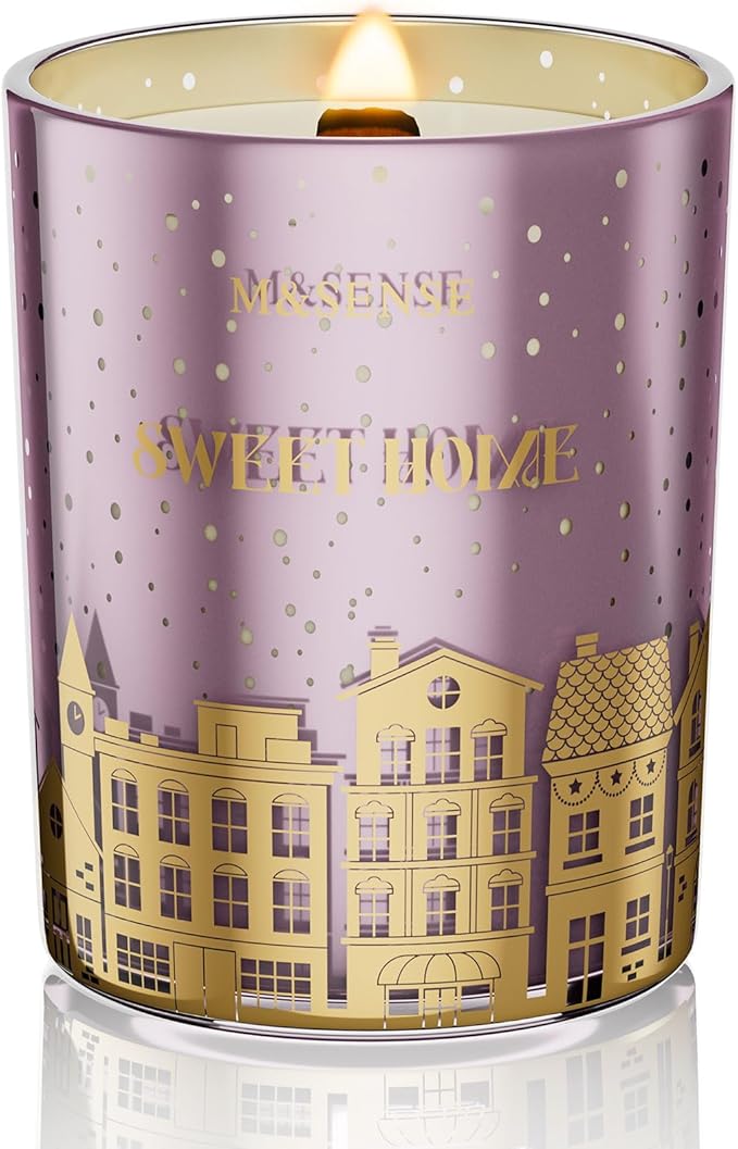 M&SENSE Home Sweety Home Scented Wooden Wick 18oz Cinnamon Apple Winter Scented Clean Natural Soy Wax Candle, 100 Hours Burn Aromatherapy Large Candle for Christmas Housewarming Bathroom Bedroom
