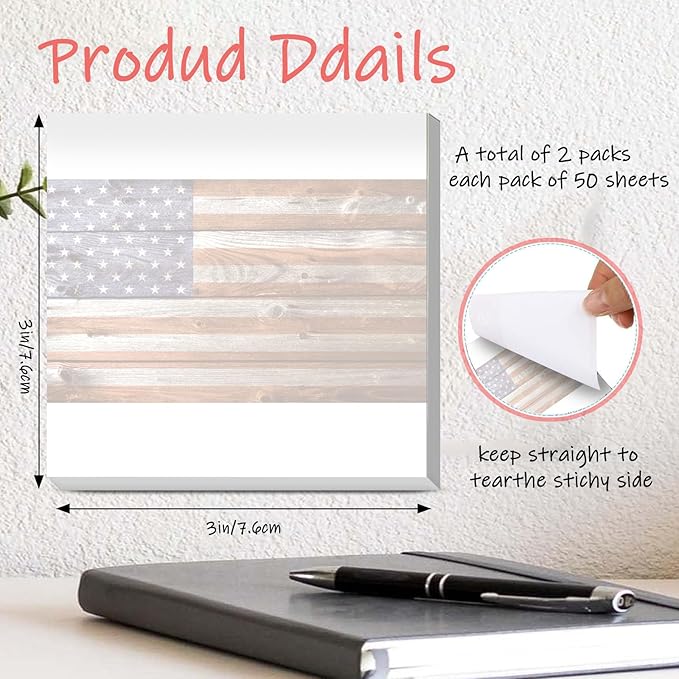 Sticky Notes 3x3 Inches, 2 Pads Cute Colorful Self-Stick Note Pads, Easy to Post for Home, Office and Daily Life Organization Retro American Flag